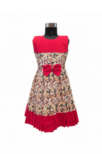 Bold Red Contrast Cotton Frock with Traditional Print & Bow Detail