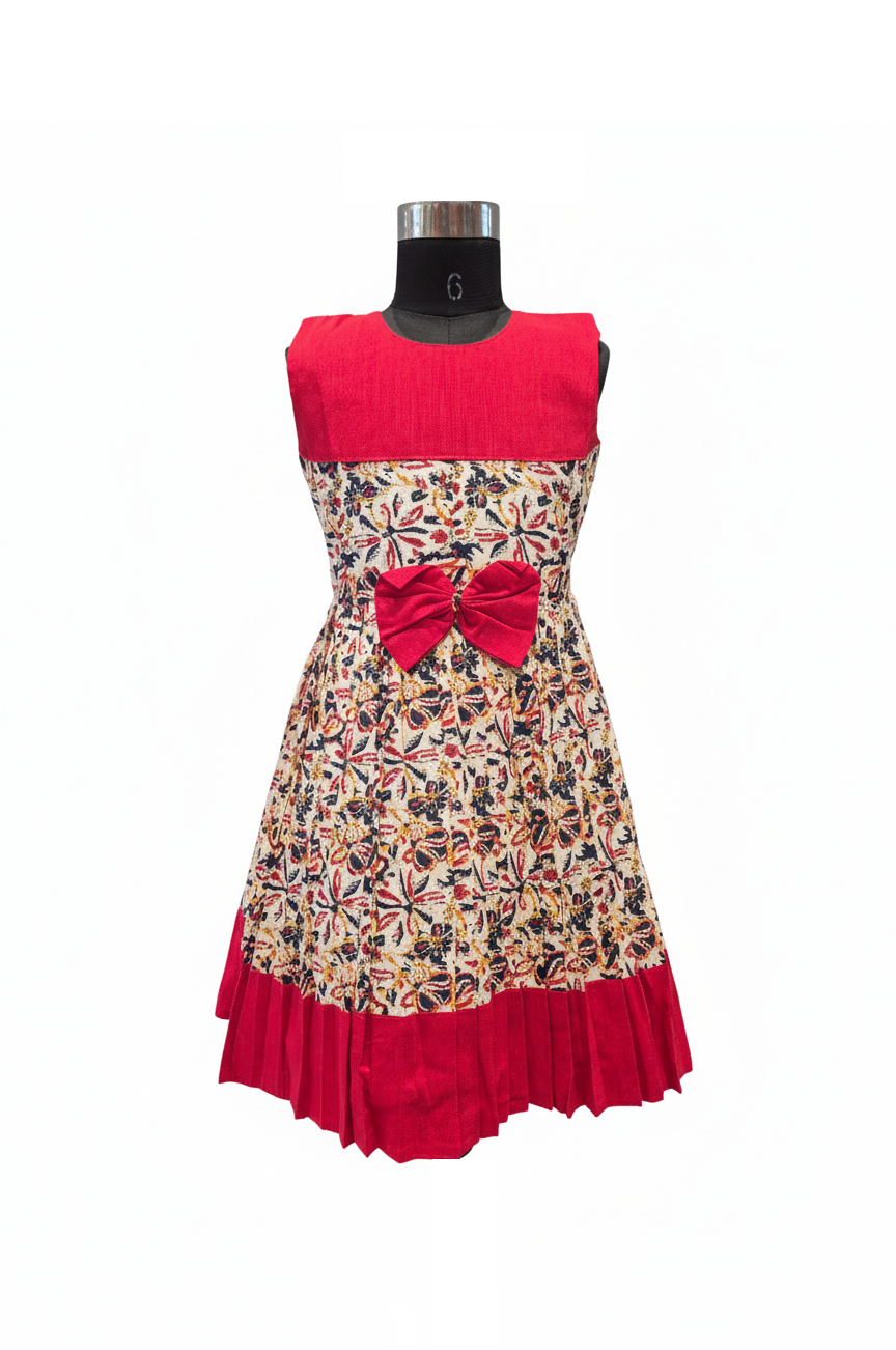 Bold Red Contrast Cotton Frock with Traditional Print & Bow Detail