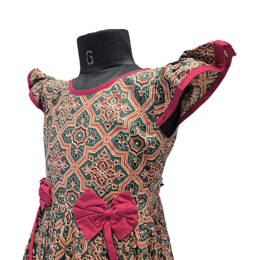 Maroon & Green Geometric Print Cotton Frock with Bow Accents