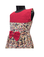 Bold Red Contrast Cotton Frock with Traditional Print & Bow Detail