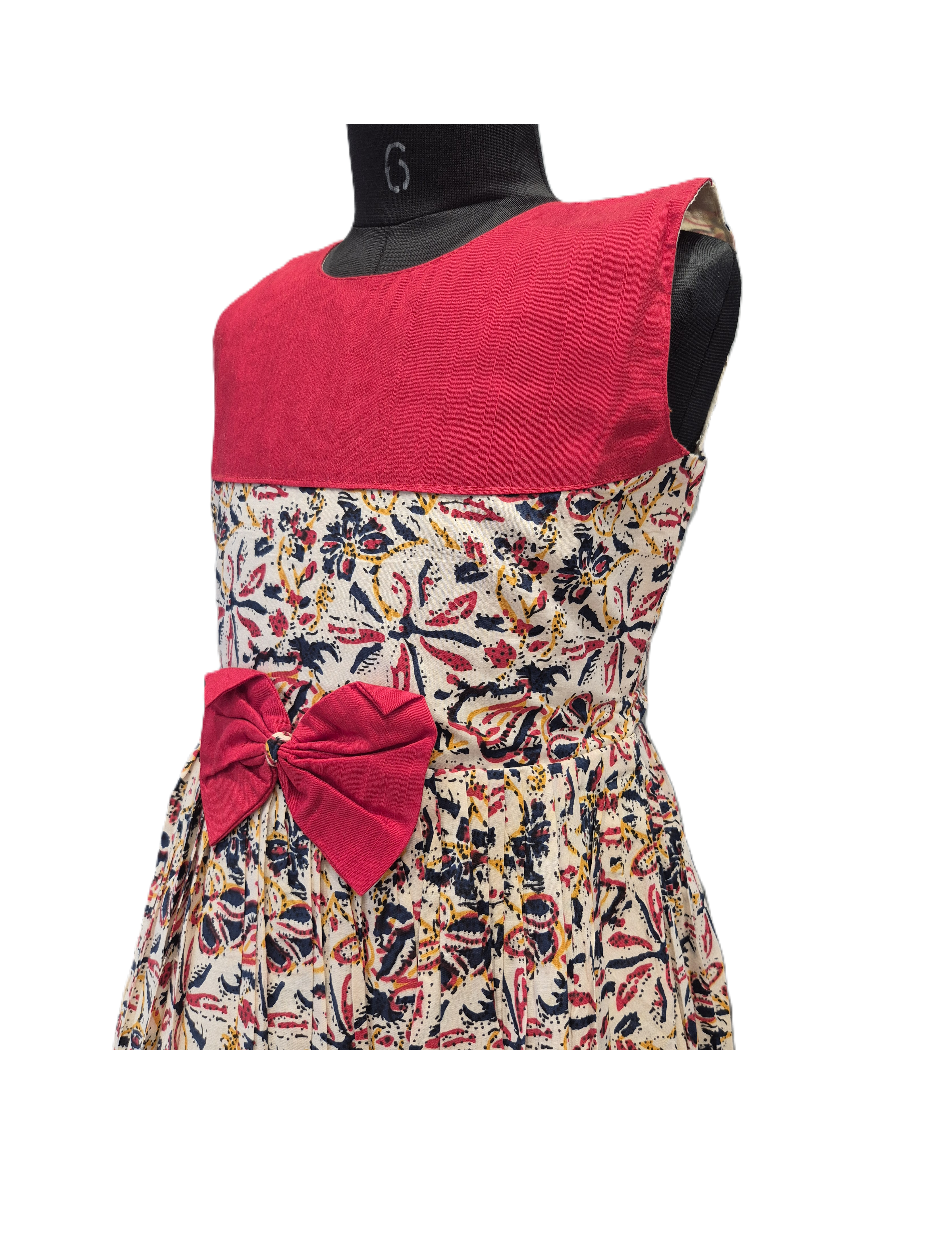 Bold Red Contrast Cotton Frock with Traditional Print & Bow Detail