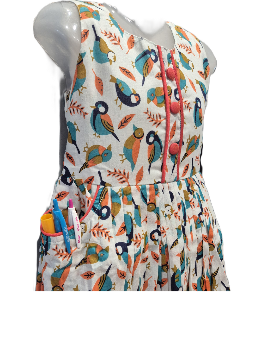 Charming Bird Print Cotton Frock with Pockets