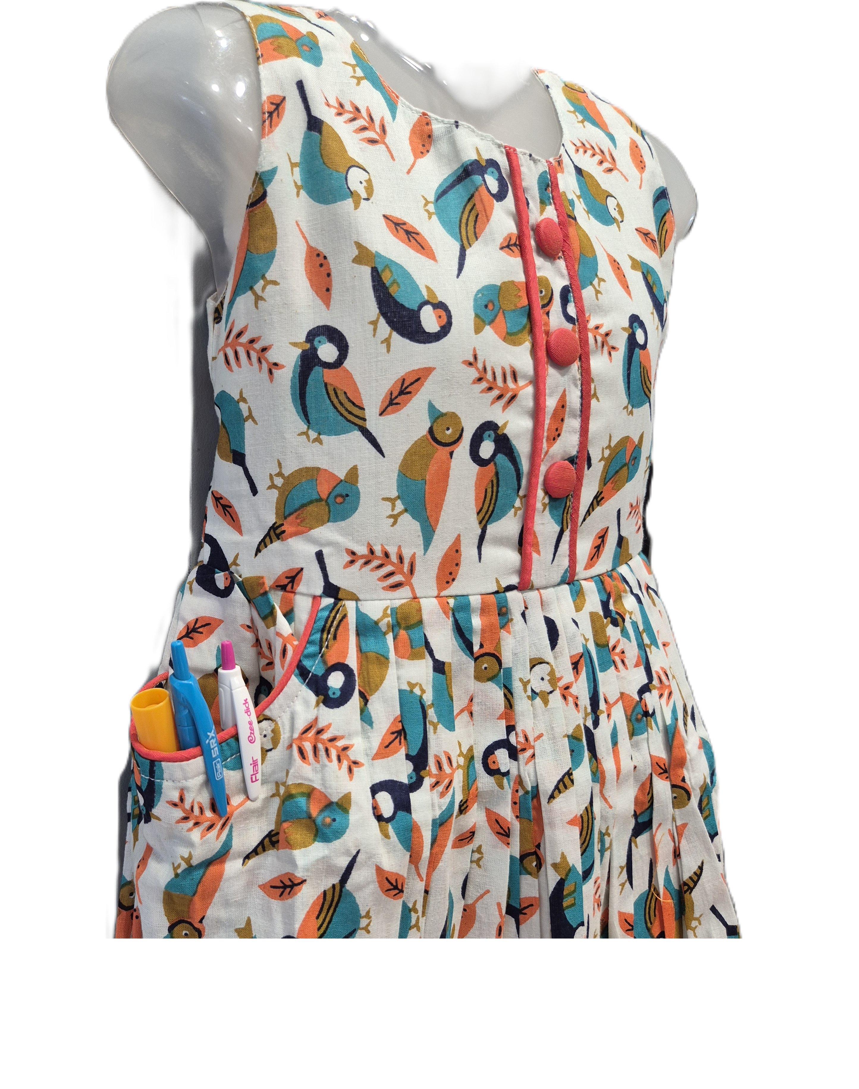 Charming Bird Print Cotton Frock with Pockets