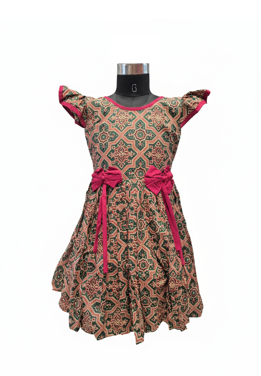 Maroon & Green Geometric Print Cotton Frock with Bow Accents