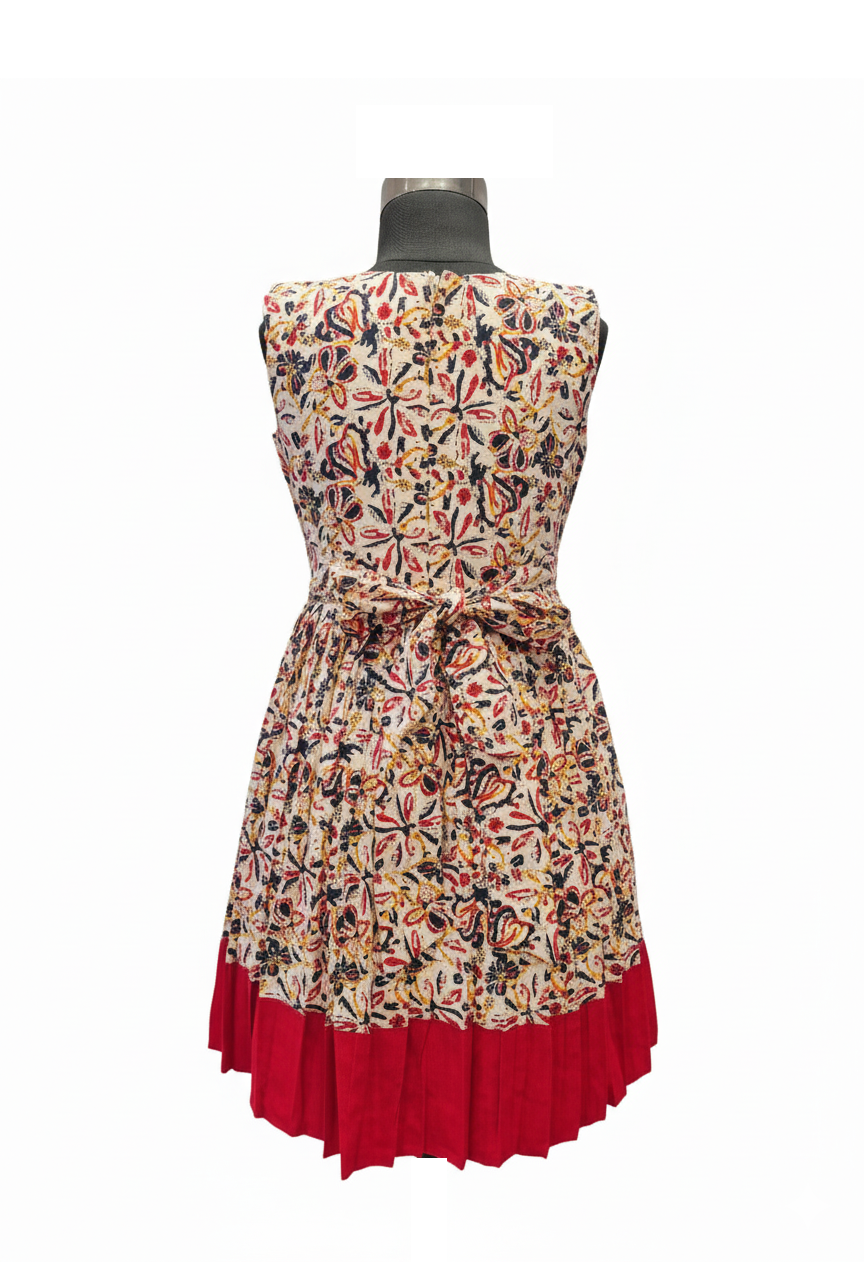 Bold Red Contrast Cotton Frock with Traditional Print & Bow Detail