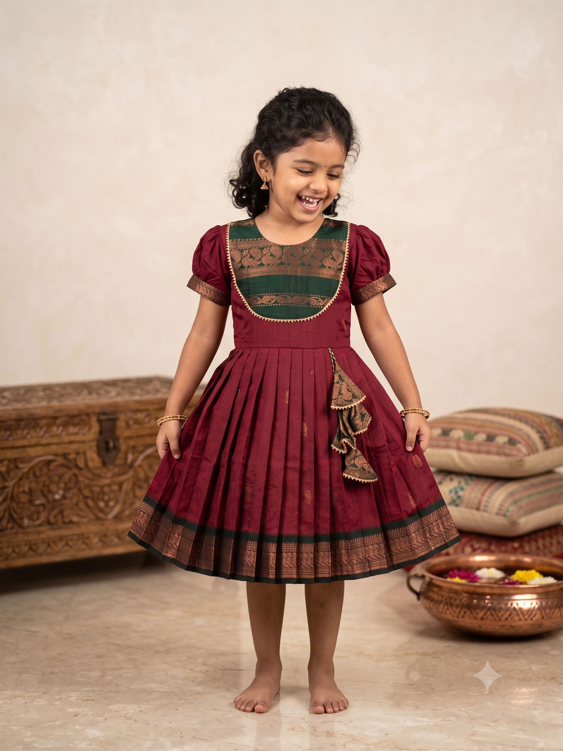 A young girl smiling and twirling in a traditional Indian salwar kameez dress. The dress is maroon with a dark green and gold embroidered yoke and a matching pleated skirt with a decorative ruffle. - House of Kritee