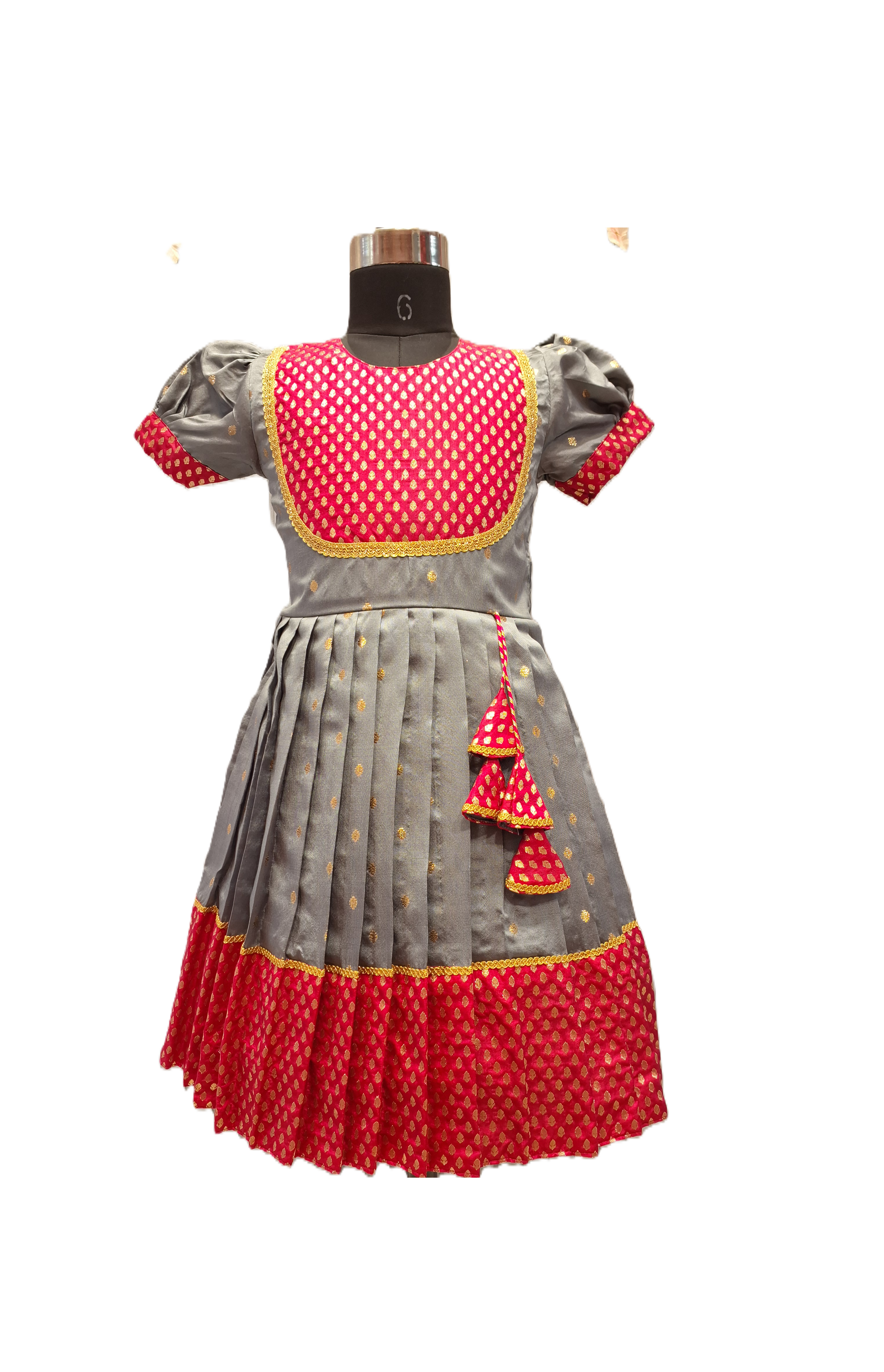 Chic Gray Pure Silk Pleated Frock with Magenta Gold Brocade Detailing