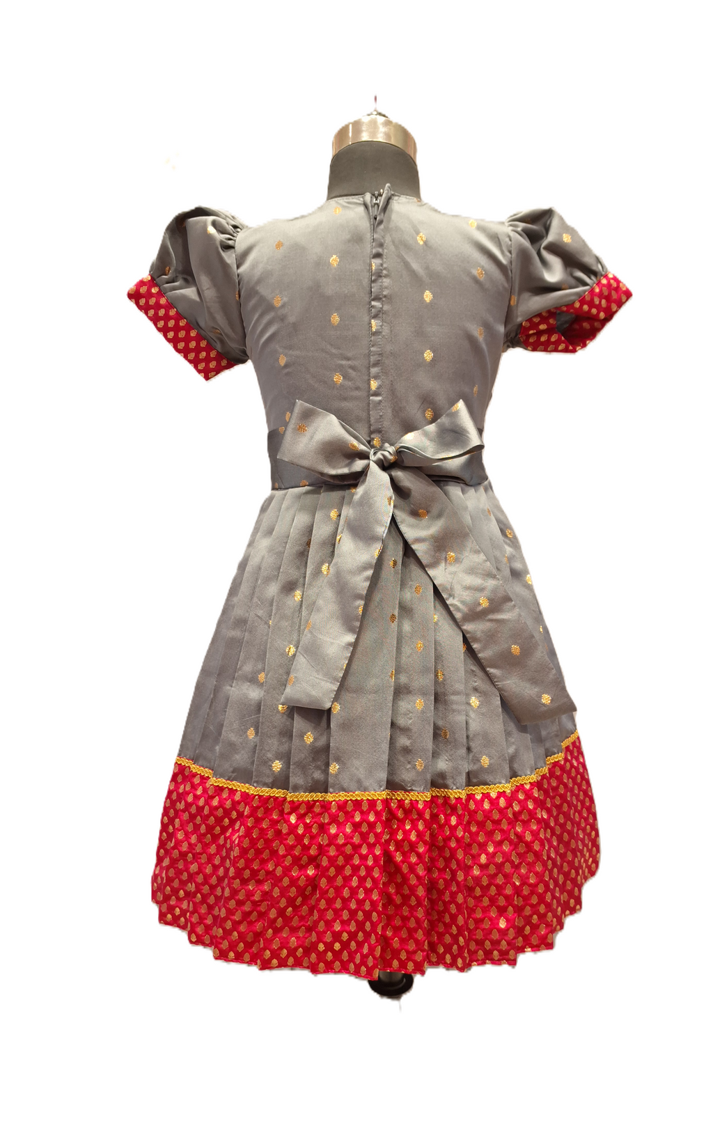 Chic Gray Pure Silk Pleated Frock with Magenta Gold Brocade Detailing