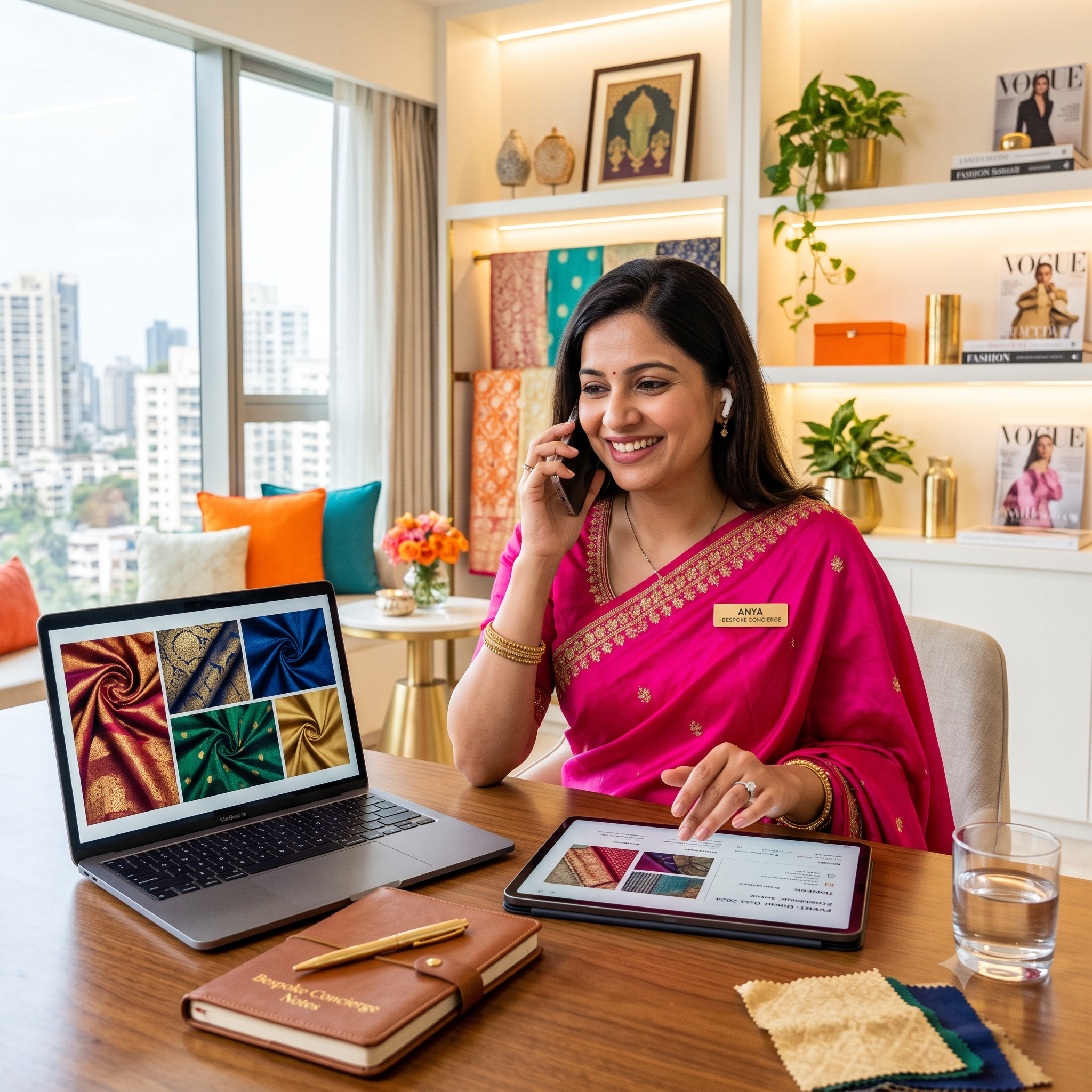 A woman in a bright pink saree sits at a wooden desk in a modern home office, talking on her phone. A laptop showing colorful fabric swatches and a tablet are open on the desk, alongside a brown leather notebook and a glass of water. - House of Kritee