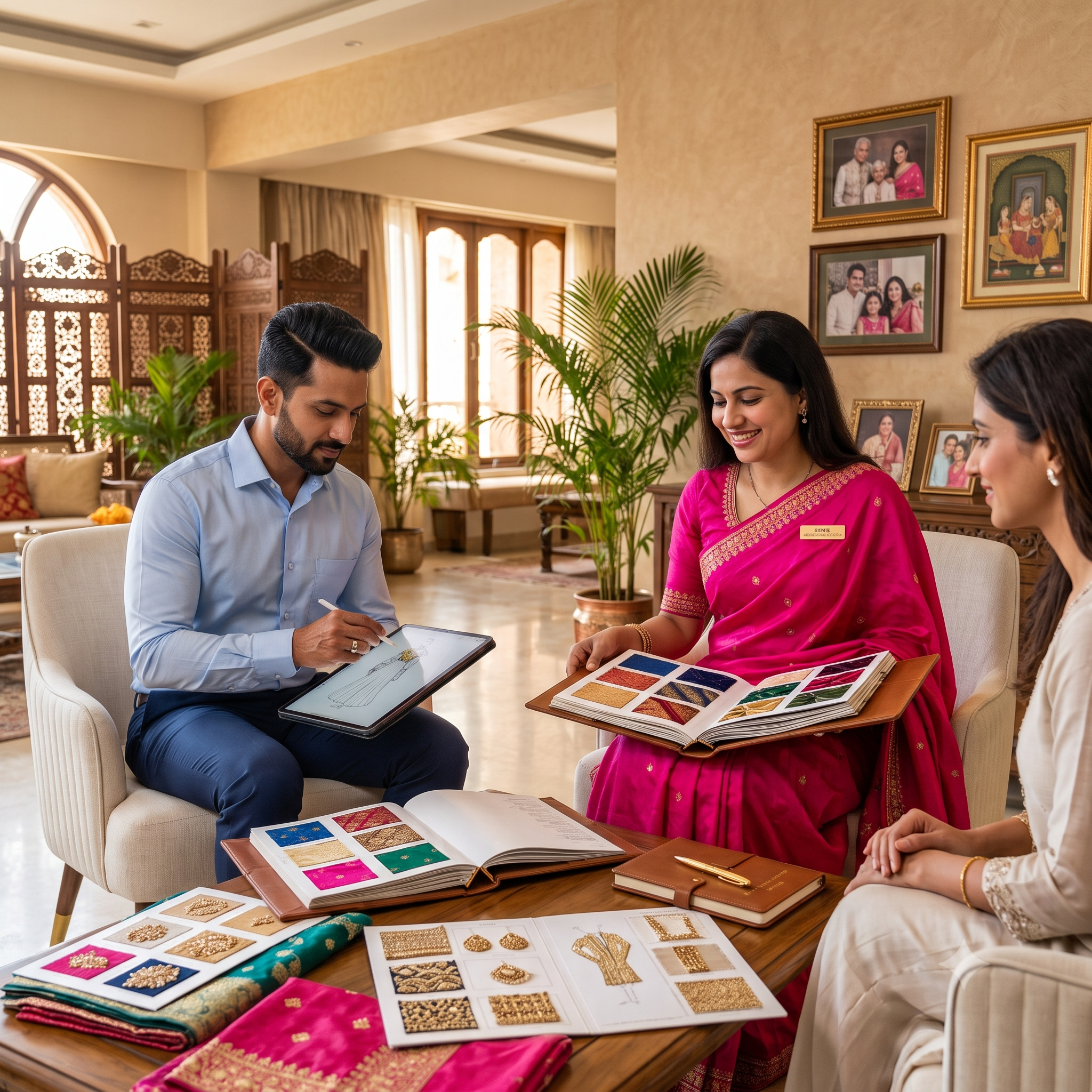 A lifestyle scene in a warm, traditional Indian living room where a consultant and a woman in a bright pink salwar suit are discussing custom embroidery and fabric swatches with a third client. - House of Kritee