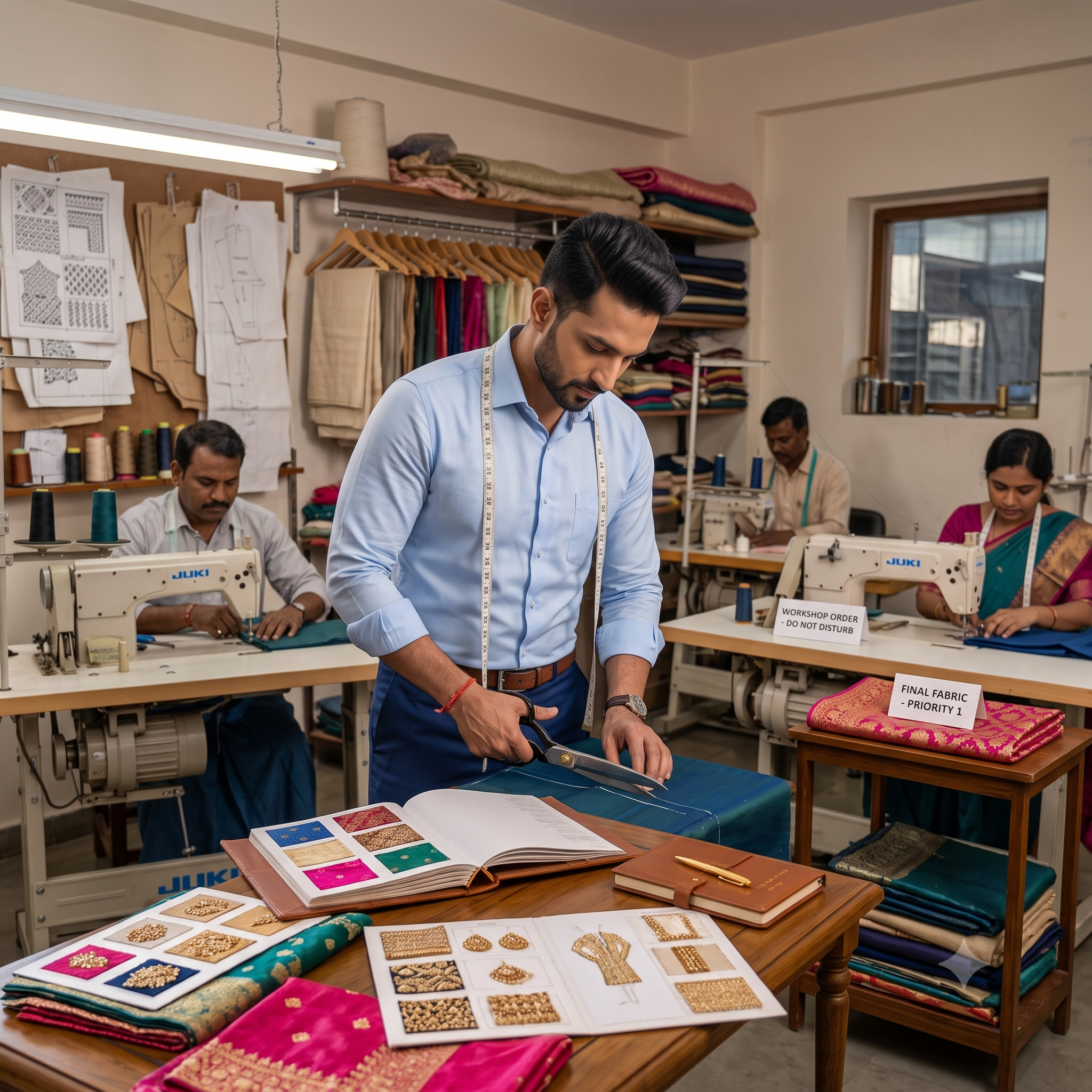 A man in a light blue shirt and dark trousers stands in a sewing workshop, holding a measuring tape around his waist and looking at a fabric swatch book on a table. Other workers are seated at sewing machines in the background, with shelves of fabric and sewing supplies visible. - House of Kritee