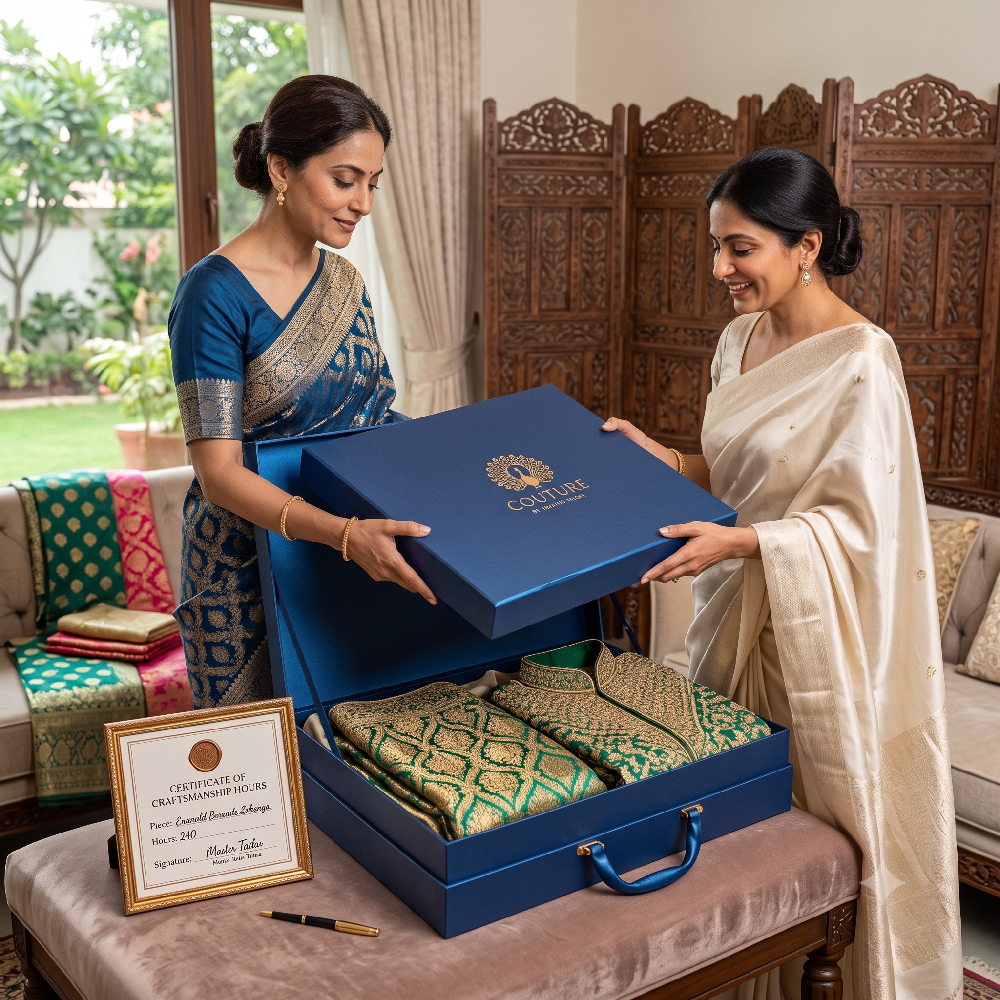 Two women in traditional Indian attire open a blue presentation box containing folded silk sarees with green and gold patterns. A framed certificate is visible on the table in front of the box. - House of Kritee