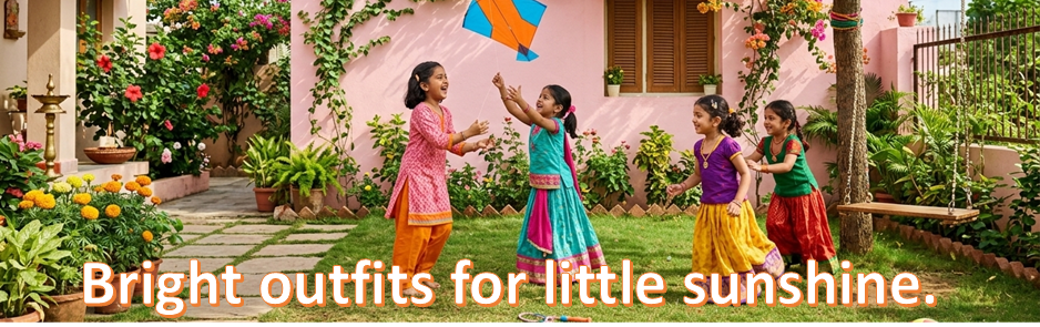 Children in colorful outfits playing in a garden with text 'Bright outfits for little sunshine' - House of Kritee