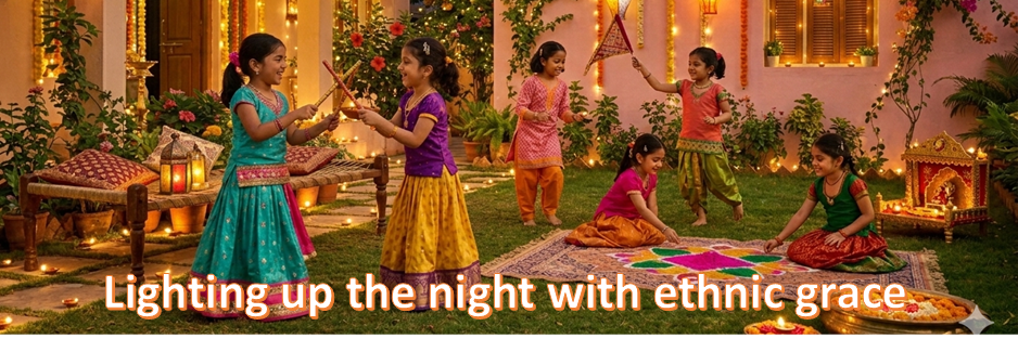 Children in colorful traditional attire playing with lanterns and toys outdoors at night - House of Kritee