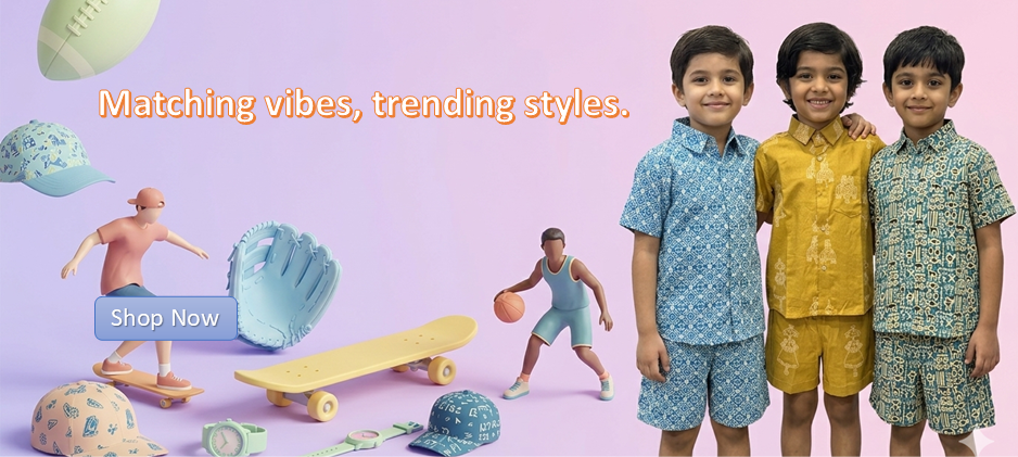 Three children wearing matching outfits with beach-themed accessories on a pink background - House of Kritee
