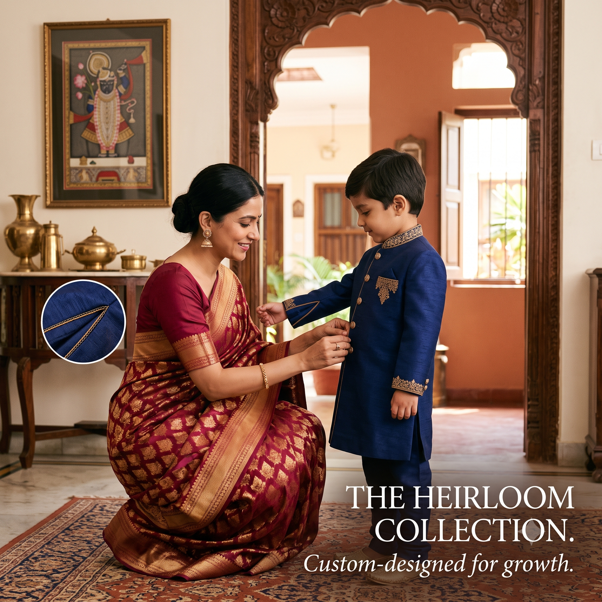 A woman in a maroon and gold saree kneels beside a young boy in a navy blue embroidered traditional outfit, holding his hand in an ornate indoor setting. A circular inset shows a close-up of the saree fabric texture. - House of Kritee
