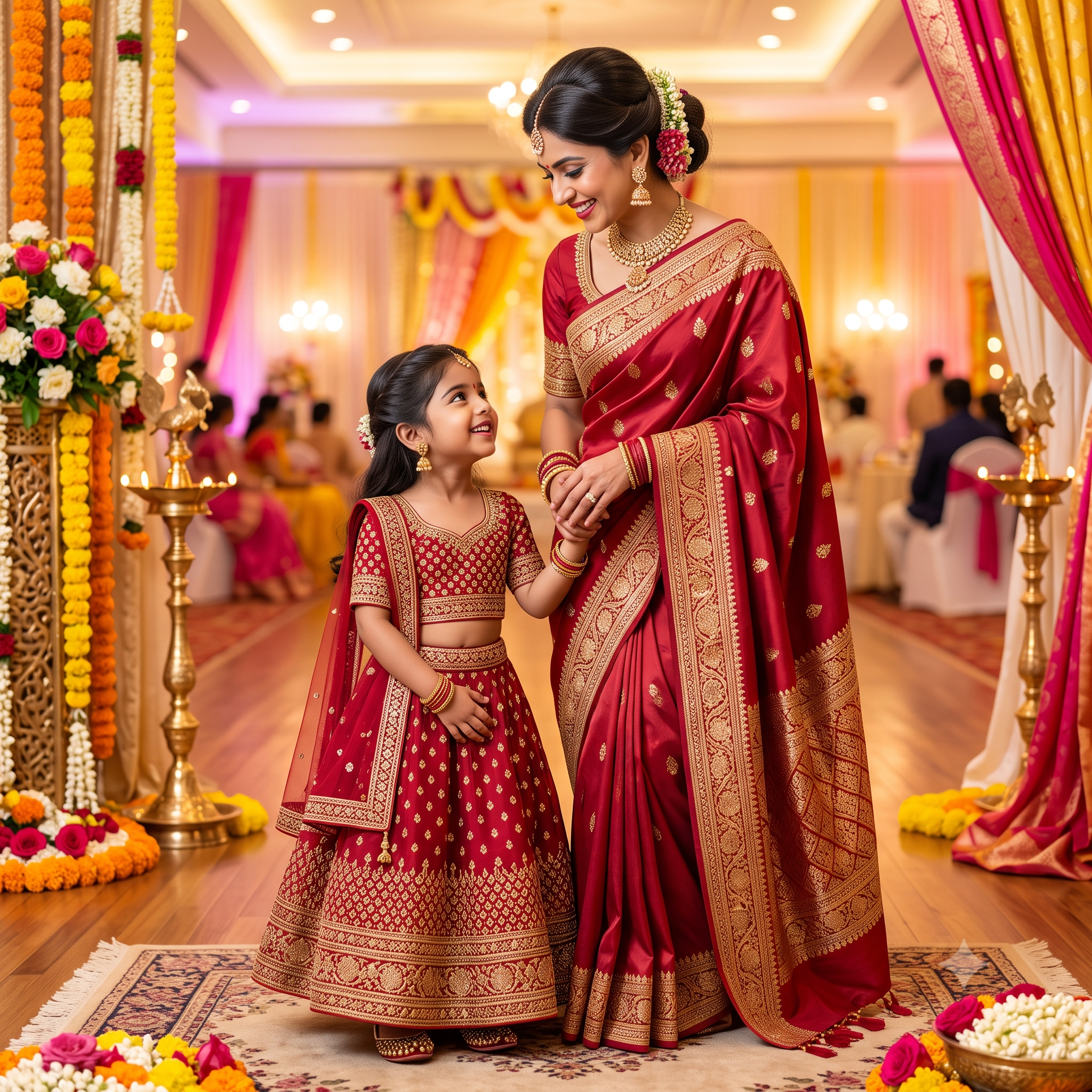 A woman and a young girl wearing matching traditional Indian red and gold sarees and lehengas stand hand in hand in a decorated event hall with floral arrangements and warm - House of Kriteelighting.