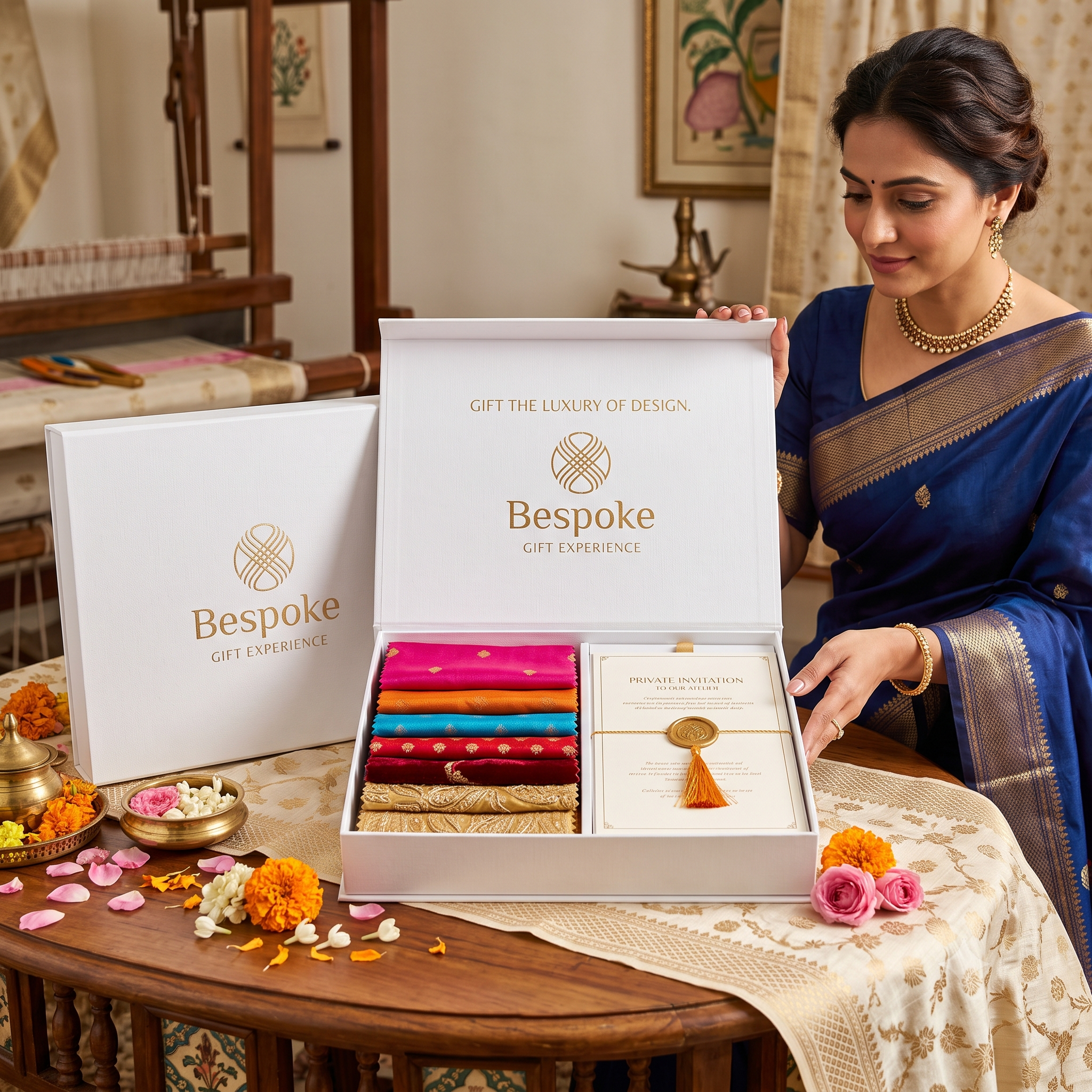 A woman in a blue saree sits beside an open white Bespoke gift box on a decorated table, showing folded colorful fabrics and a gift booklet. A matching closed white Bespoke box is visible behind her. - House of Kritee