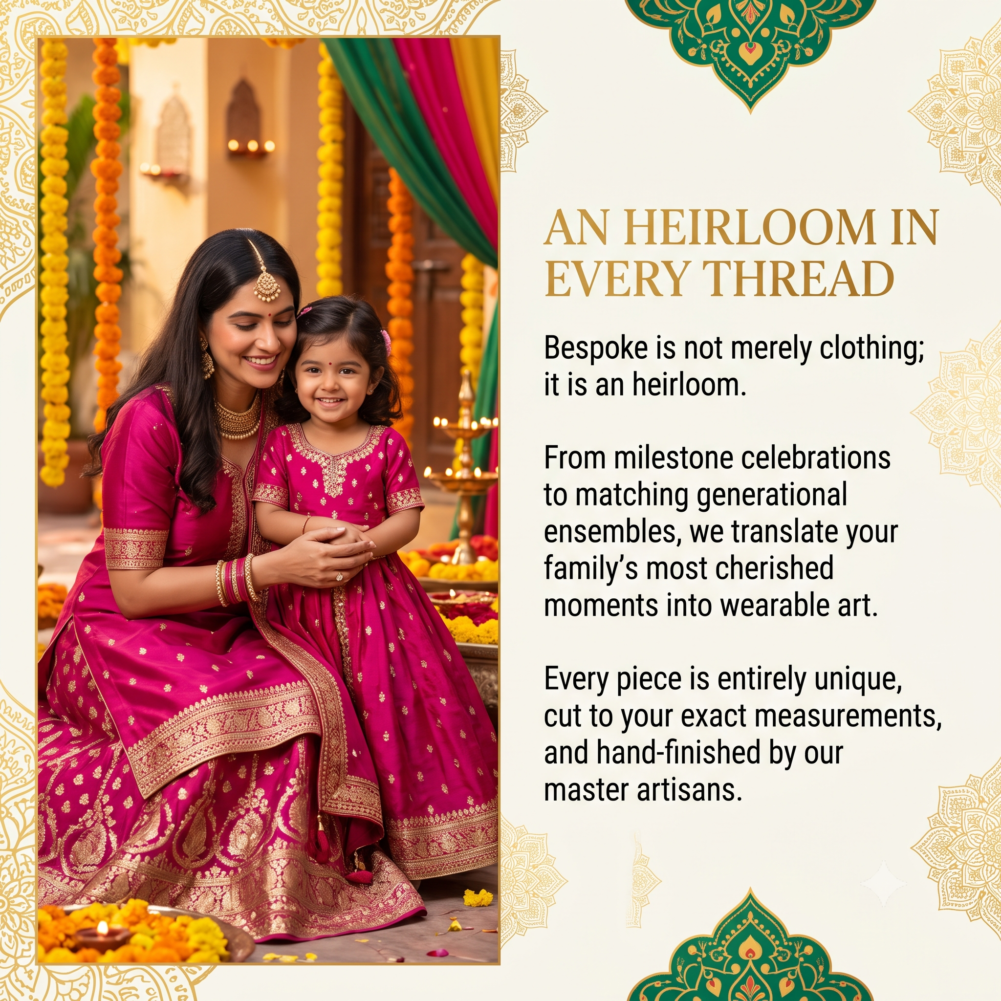 Promotional graphic for Bespoke Indian ethnic wear, featuring a woman and child in matching magenta and gold traditional outfits, alongside descriptive text on the right. - House of Kritee