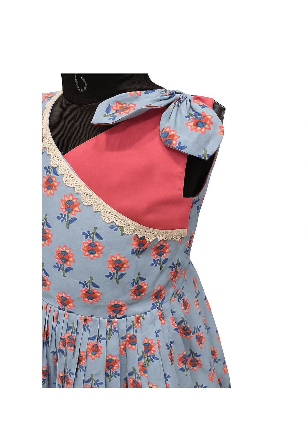 Floral dress with a pink top and black accents on a white background - House of Kritee