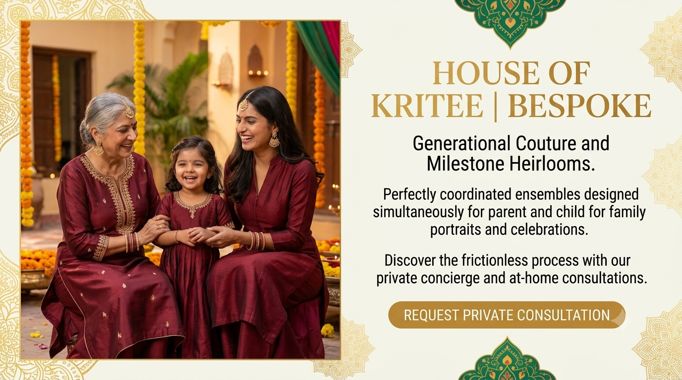 Promotional banner for House of Kritee Bespoke, featuring a photograph of a woman, a child, and an elder woman wearing matching maroon traditional outfits. The right side contains descriptive text about generational couture and milestone heirlooms on a cream background with gold and green decorative elements. - House of Kritee