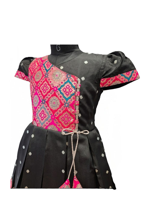 Black and Fuchsia Silk Frock with Gold Butti Work