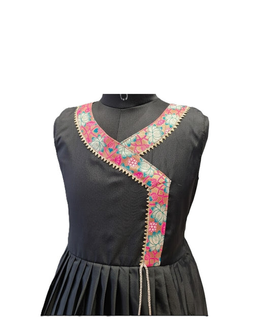 Black Angrakha Style Frock with Floral Print Trim and Tassels