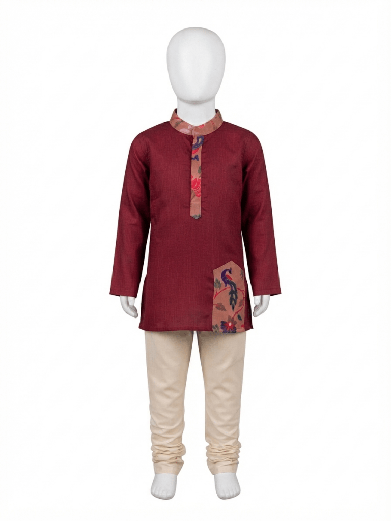 A red long-sleeve kurta displayed on a white mannequin with beige pants against a plain white background. - House of Kritee