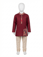 A red long-sleeve kurta displayed on a white mannequin with beige pants against a plain white background. - House of Kritee