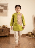 Boys silk kurta pyjama set, traditional Indian outfit for boys, olive green kurta with patterned panel - House of Kritee