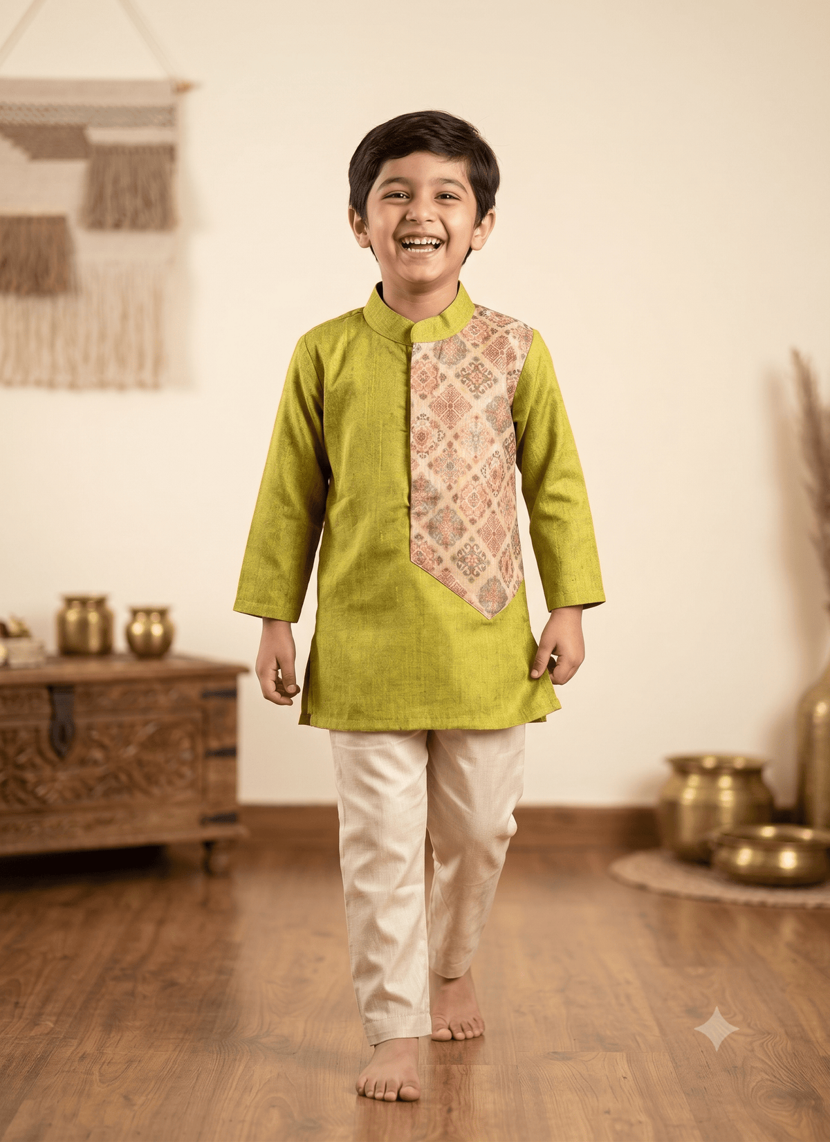 Boys silk kurta pyjama set, traditional Indian outfit for boys, olive green kurta with patterned panel - House of Kritee