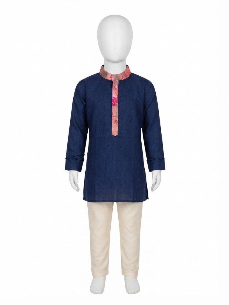 Boy wearing royal blue printed kurta pajama ethnic set 
