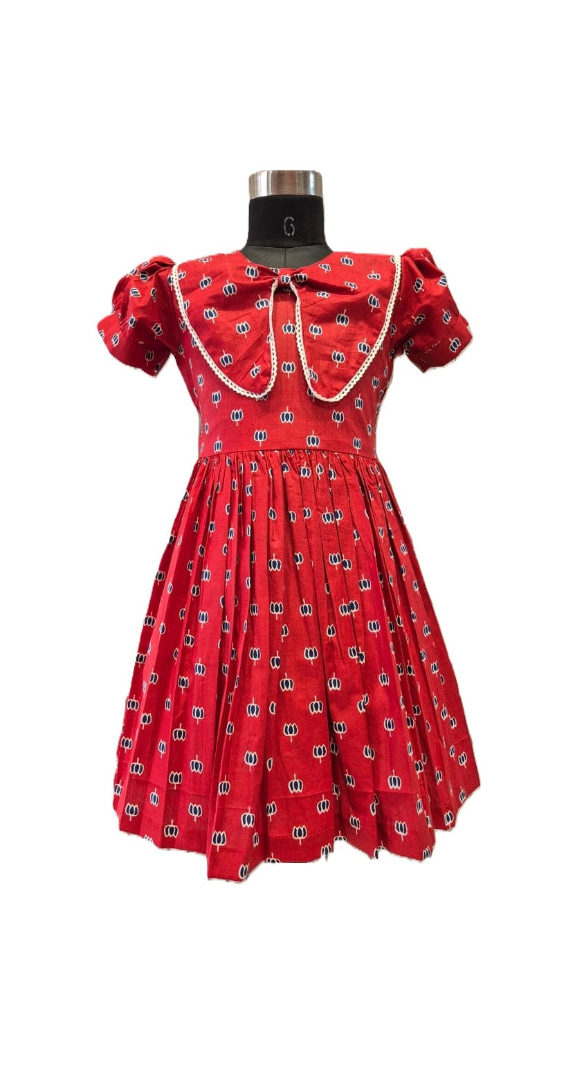 Vintage-Inspired Red Cotton Frock with Sailor Collar
