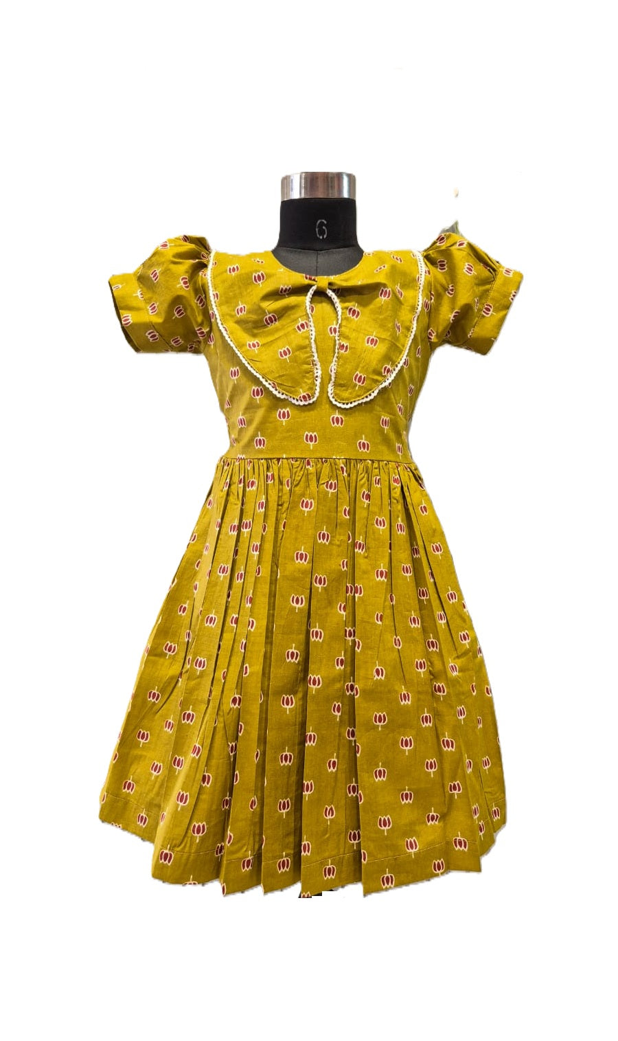 Mustard Yellow Cotton Frock with Vintage Collar and Accent Print