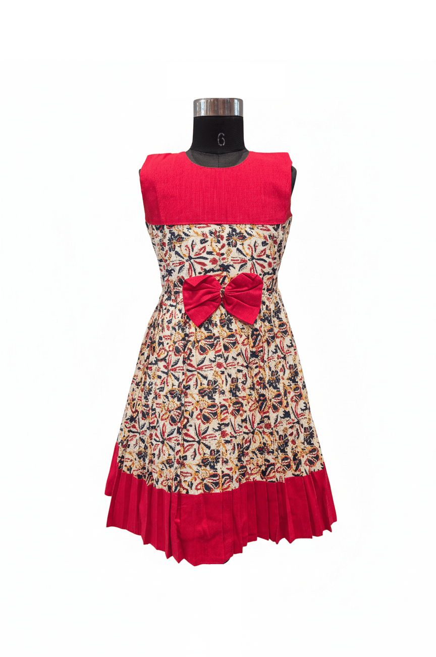Traditional Print with Bold Red Contrast Cotton Frock - House of Kritee