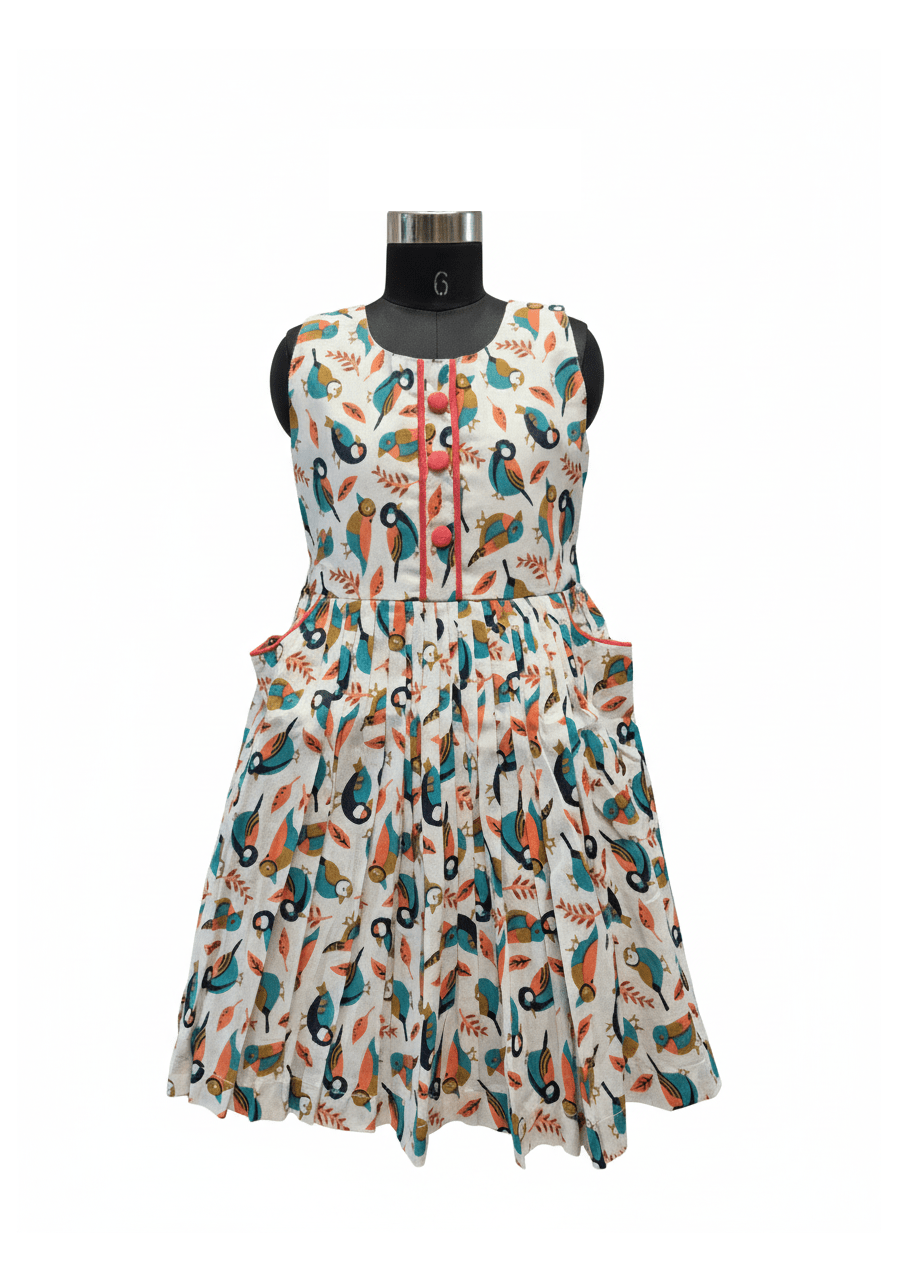 Charming Bird Print Cotton Frock with Pockets - House of Kritee