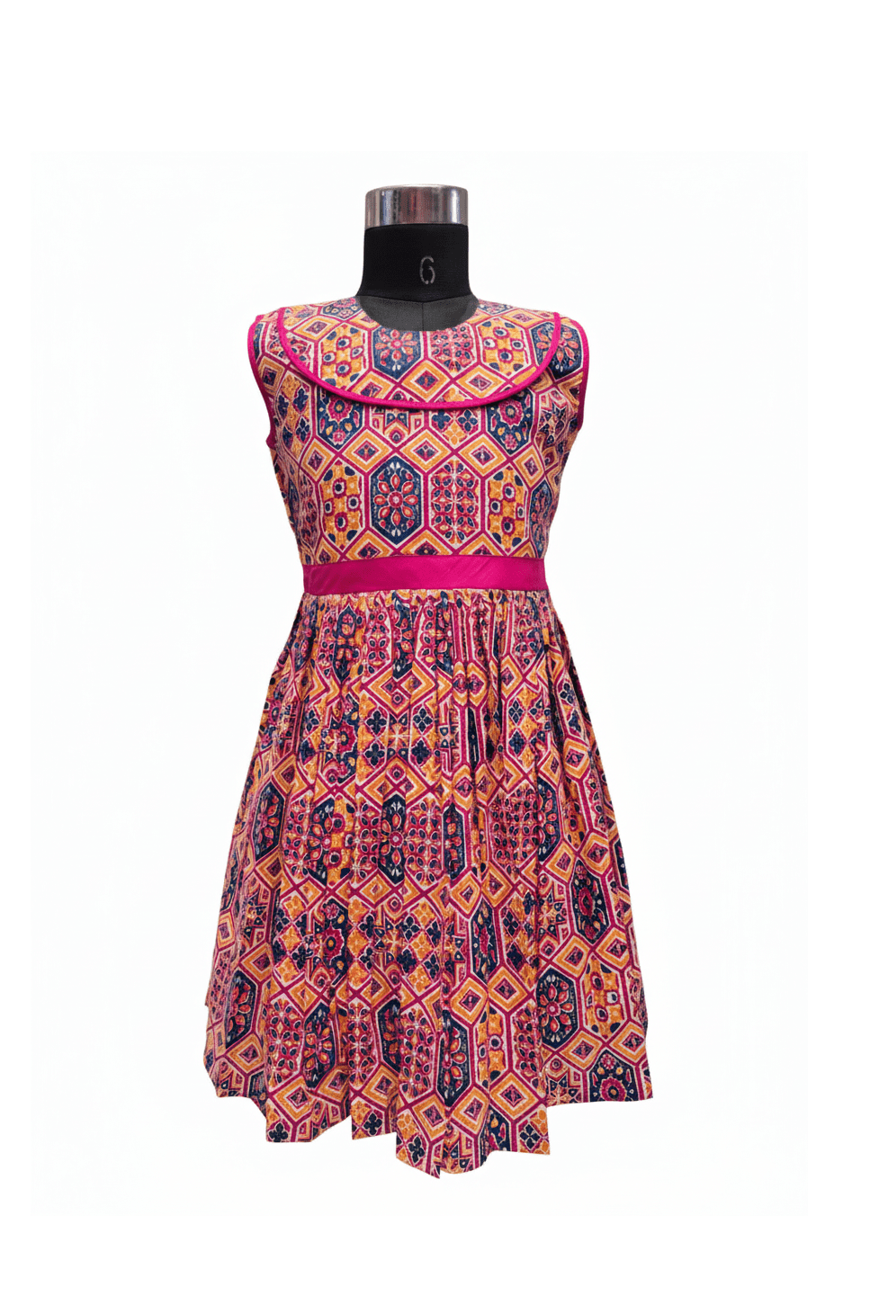 Vibrant Geometric Print Cotton Knee-Length Frock - House of Kritee
