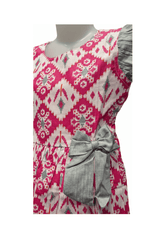 Hot Pink and White Ikat Or Geometric Print Cotton Frock - House of Kritee