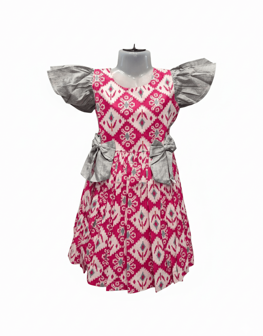 Hot Pink and White Ikat Or Geometric Print Cotton Frock - House of Kritee