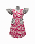 Hot Pink and White Ikat Or Geometric Print Cotton Frock - House of Kritee