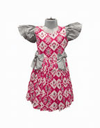 Hot Pink and White Ikat Or Geometric Print Cotton Frock - House of Kritee