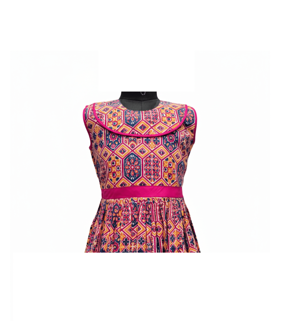 Vibrant Geometric Print Cotton Knee-Length Frock - House of Kritee