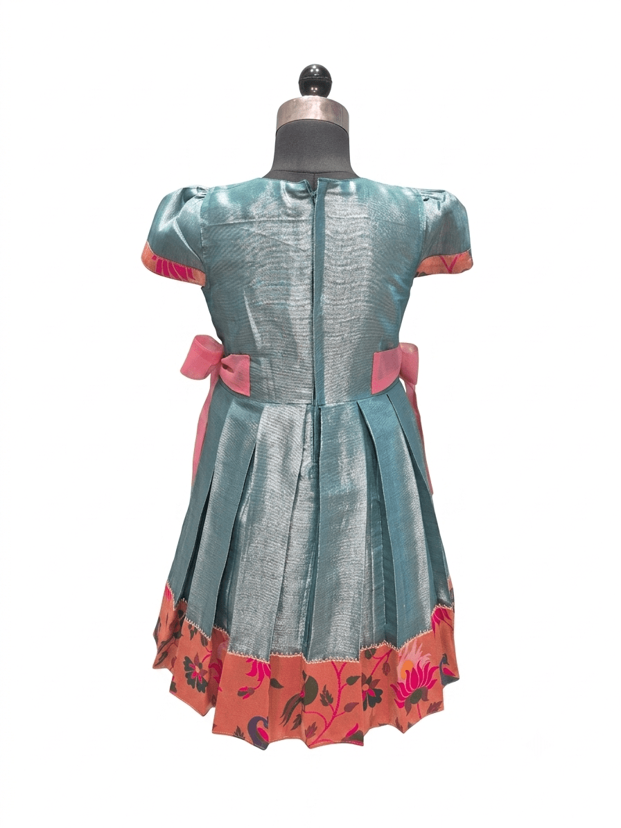 A short-sleeve teal blue dress displayed on a mannequin, featuring pink bow accents at the waist and a pink floral patterned hem. - House of Kritee