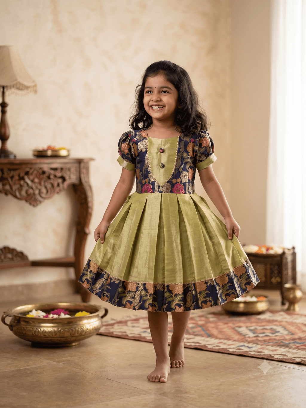 Happy young girl enjoying her premium navy blue and gold brocade silk knee-length ethnic frock in a warm cream living room setup - House of Kritee