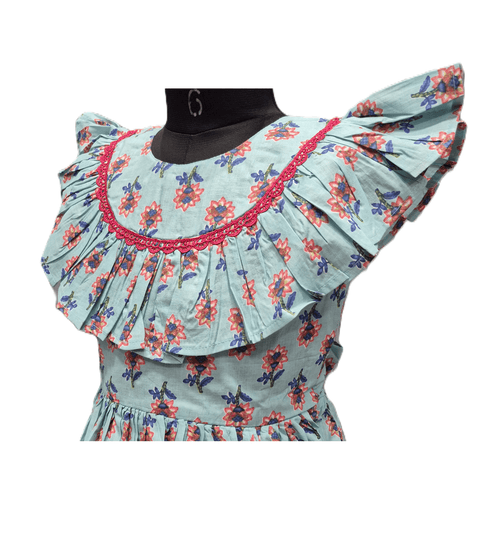 Aqua Blue Vintage-Inspired Floral Frock - House of Kritee