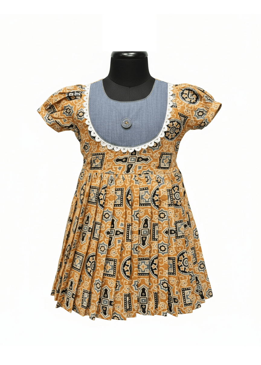 elegant mustard yellow cotton Floral Frock - House of Kritee