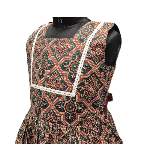 Beautifully Patterned Olive Green Geometric print Frock - House of Kritee
