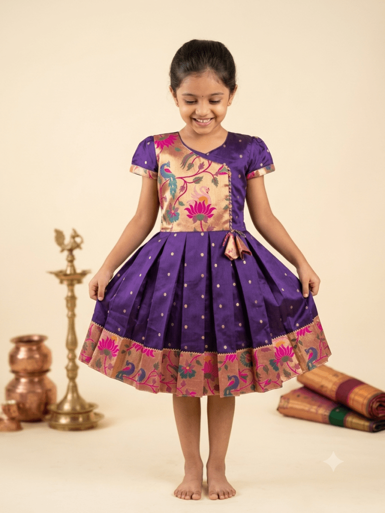 Girl Paithani Silk Ethnic Knee-Length Frock Dress