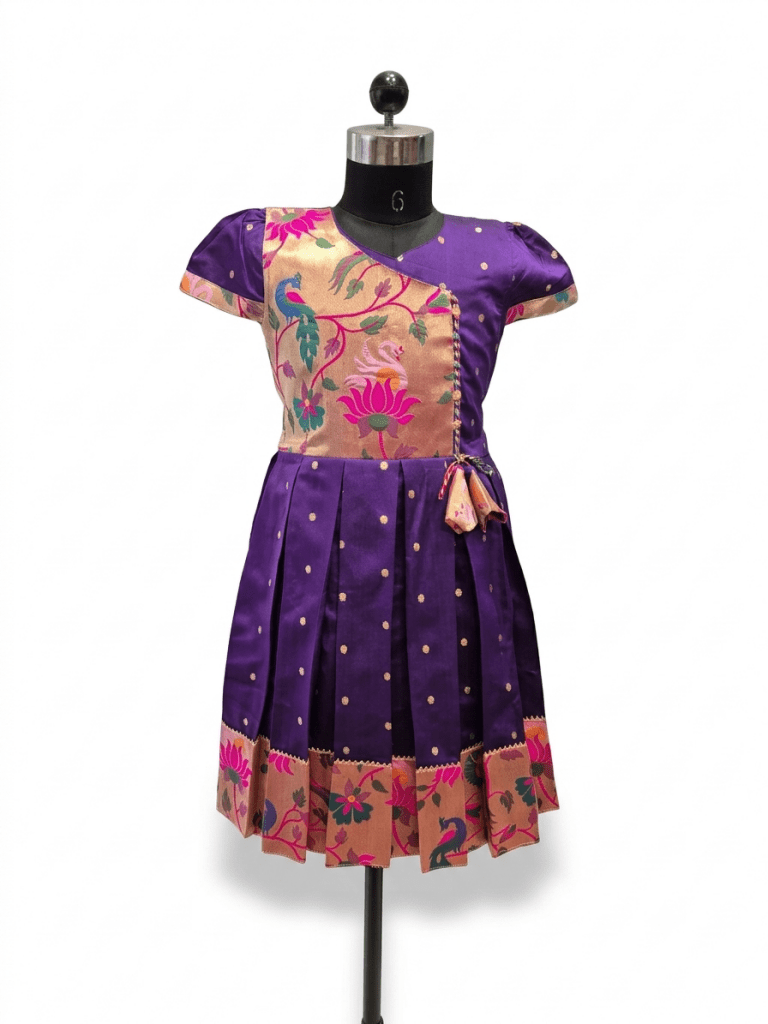 Girl Paithani Silk Ethnic Knee-Length Frock Dress