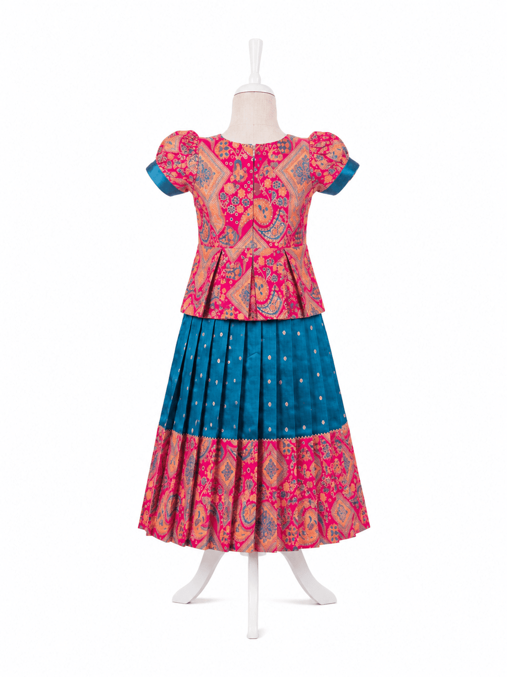 Traditional blue and pink silk parkar polka dress for girls with brocade work - House of Kritee